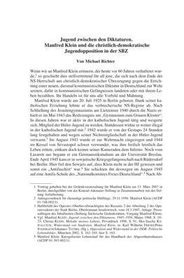 Jugend Zwischen Den Diktaturen. Manfred Klein Und Die Christlich-Demokratische Jugendopposition in Der SBZ