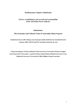 Parliamentary Inquiry Submission Factors Contributing to the Growth and Sustainability of the Australian Music Industry. Submiss