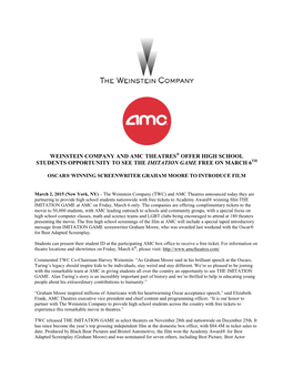 Weinstein Company and Amc Theatres Offer High School Students Opportunity to See the Imitation Game Free on March 6