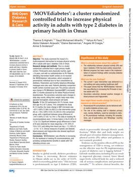 A Cluster Randomized Controlled Trial to Increase Physical Activity in Adults with Type 2 Diabetes in Primary Health in Oman