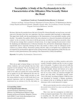 Necrophilia: a Study of the Psychoanalysis in the Characteristics of the Offenders Who Sexually Molest the Dead