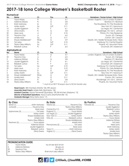 2017-18 Iona College Women's Basketball Roster