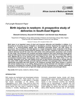 Birth Injuries in Newborn: a Prospective Study of Deliveries in South-East Nigeria