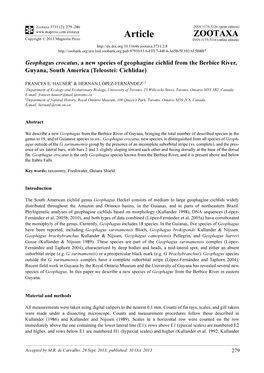 Geophagus Crocatus, a New Species of Geophagine Cichlid from the Berbice River, Guyana, South America (Teleostei: Cichlidae)