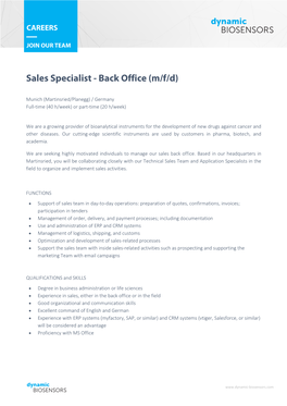 Sales Specialist - Back Office (M/F/D)