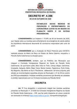 Decreto Nº. 4.396 De 29 De Outubro De 2020