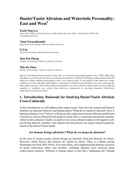 Daoist/Taoist Altruism and Wateristic Personality: East and West1