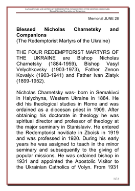 SACRAMENTARY and LECTIONARY SUPPLEMENTTHE CONGREGATION of the MOST HOLY REDEEMER: Blessed Nicholas Charnetsky and Companions