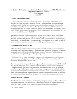 A Guide to Writing Literature Reviews in Political Science and Public Administration Department of Political Science UNC Charlotte July 2006