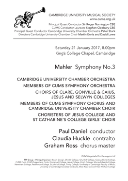 Mahler Symphony No.3 Paul Daniel Conductor Claudia Huckle Contralto Graham Ross Chorus Master