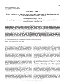 RESEARCH ARTICLE Shock Avoidance by Discrimination Learning in the Shore Crab (Carcinus Maenas) Is Consistent with a Key Criterion for Pain