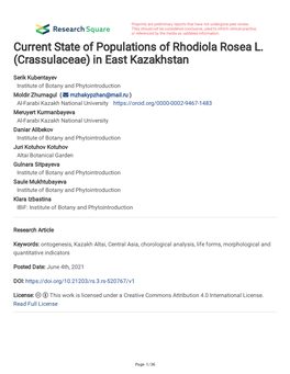 Current State of Populations of Rhodiola Rosea L. (Crassulaceae) in East Kazakhstan