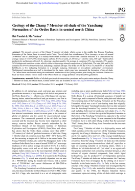 Geology of the Chang 7 Member Oil Shale of the Yanchang Formation of the Ordos Basin in Central North China