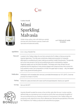 Mimi Sparkling Malvasia Golden Straw Yellow Color with Delicious Varietal 100% Malvasia Di Candia Aromas with White Fowers Nuances