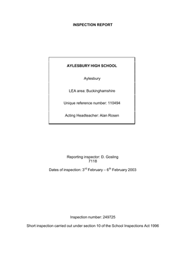 INSPECTION REPORT AYLESBURY HIGH SCHOOL Aylesbury LEA Area