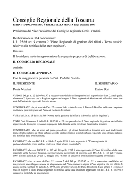 Consiglio Regionale Della Toscana ESTRATTO DAL PROCESSO VERBALE DELLA SEDUTA Del 21 Dicembre 1999