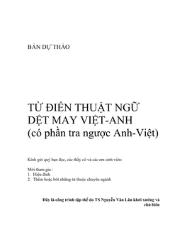 TỪ ĐIỂN THUẬT NGỮ DỆT MAY VIỆT-ANH (Có Phần Tra Ngược Anh-Việt)