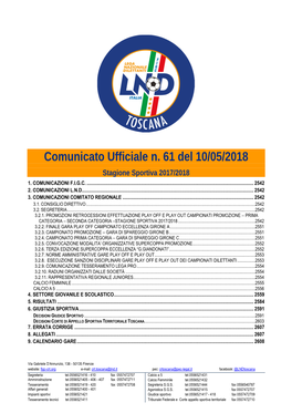 Comunicato Ufficiale N. 61 Del 10/05/2018