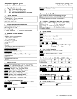 Detention Review Summary Form Immigration and Customs Enforcement Facilities Used Over 72 Hours