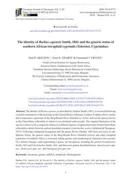 The Identity of Barbus Capensis Smith, 1841 and the Generic Status of Southern African Tetraploid Cyprinids (Teleostei, Cyprinidae)