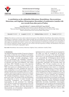 (Hymenoptera: Braconidae) of Southeastern Anatolia with New Records from Other Parts of Turkey