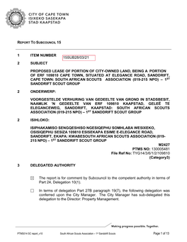 1 Item Number 2 Subject Proposed Lease of Portion of City-Owned Land, Being a Portion of Erf 109810 Cape Town, Situated at Eleg