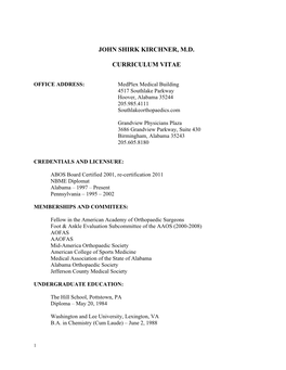 John Shirk Kirchner, M.D. Curriculum Vitae