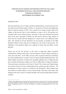 Forced Evacuations and Destruction of Villages in Dersim (Tunceli), and Western Bingöl, Turkish Kurdistan September-November 1994