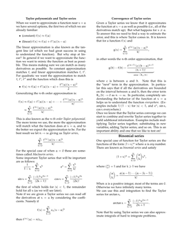 Binomial Series F(K)(A)(X − A)K → ∞