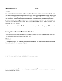 Exploring Equilibria Name: Investigation 1: Chromate