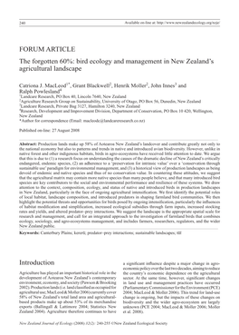 Bird Ecology and Management in New Zealand's Agricultural Landscape