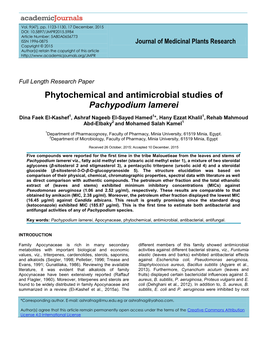 Phytochemical and Antimicrobial Studies of Pachypodium Lamerei