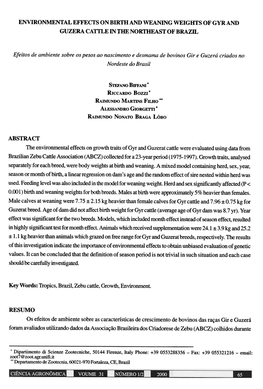 Environmental Effects on Birth and Weaning Weights of Gyr and Guzera Cattle in 1He Northeast of Brazil