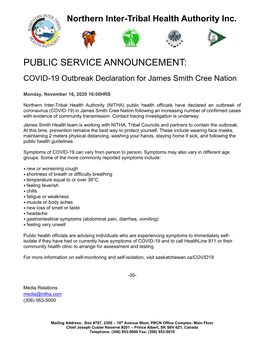 COVID-19 Outbreak Declaration for James Smith Cree Nation