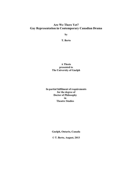 Are We There Yet? Gay Representation in Contemporary Canadian Drama