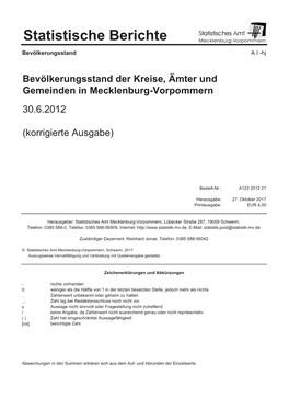 A123 Bevölkerungsstand Der Kreise, Ämter Und Gemeinden Am