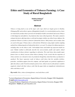 Ethics and Economics of Tobacco Farming: a Case Study of Rural Bangladesh