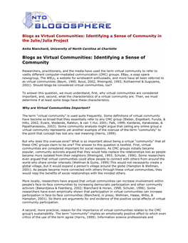 Blogs As Virtual Communities: Identifying a Sense of Community in the Julie/Julia Project