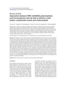 Review Article Association Between IRF6 Rs642961 Polymorphism and Non-Syndromic Cleft Lip with Or Without a Cleft Palate: a Systematic Review and Meta-Analysis