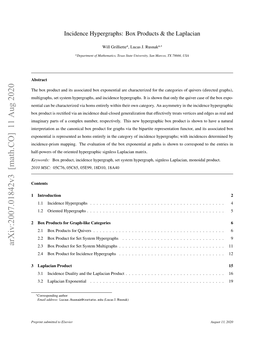 Arxiv:2007.01842V3 [Math.CO] 11 Aug 2020 2.3 Box Product for Set System Multigraphs