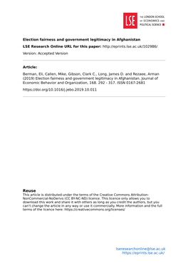 Election Fairness and Government Legitimacy in Afghanistan LSE Research Online URL for This Paper: Version: Accepted Version