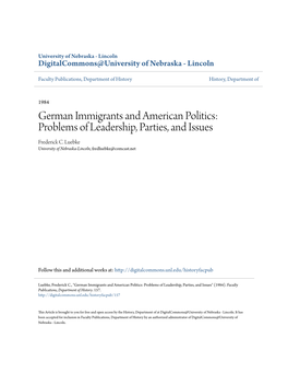 German Immigrants and American Politics: Problems of Leadership, Parties, and Issues Frederick C