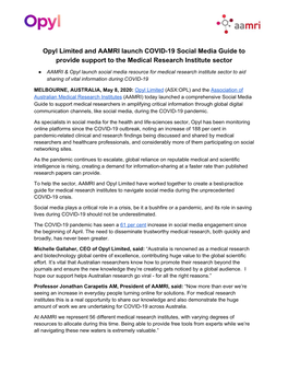 Opyl Limited and AAMRI Launch COVID-19 Social Media Guide to Provide Support to the Medical Research Institute Sector