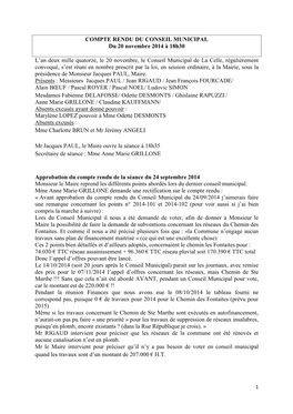 COMPTE RENDU DU CONSEIL MUNICIPAL Du 20 Novembre 2014 À 18H30 L'an Deux Mille Quatorze, Le 20 Novembre, Le Conseil Municipal