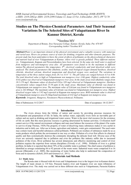 Studies on the Physico-Chemical Parameters and Their Seasonal Variations in the Selected Sites of Valapattanam River in Kannur District, Kerala