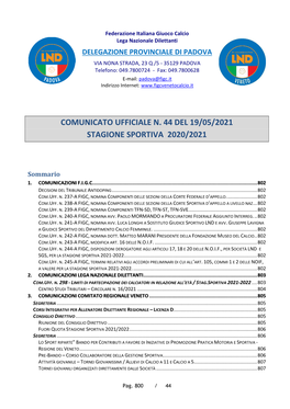 Comunicato Ufficiale N. 44 Del 19/05/2021 Stagione Sportiva 2020/2021