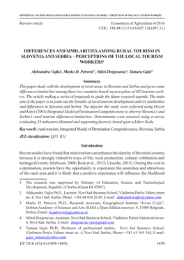 Differences and Similarities Among Rural Tourism in Slovenia and Serbia – Perceptions of the Local Tourism Workers