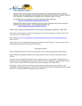 The Circuit Chautauqua in Nebraska, 1904-1924