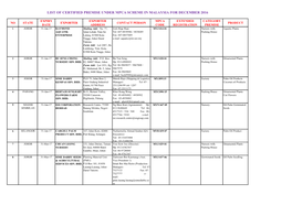 List of Certified Premise Under Mpca Scheme in Malaysia for December 2016