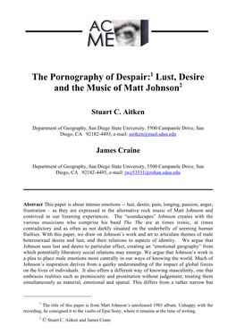 The Pornography of Despair:1 Lust, Desire and the Music of Matt Johnson2
